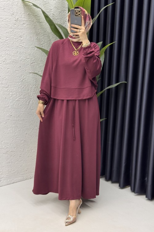 Sezin Etekli Takım Tesettür Giyim Bordo