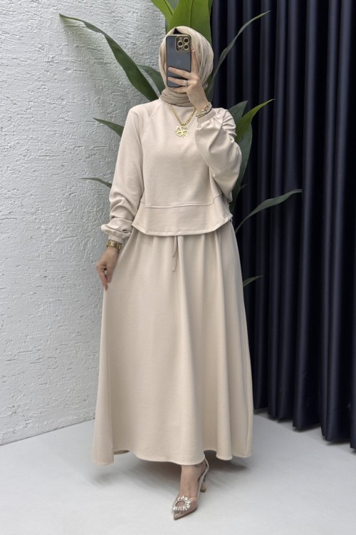 Sezin Etekli Takım Tesettür Giyim  Taş Rengi