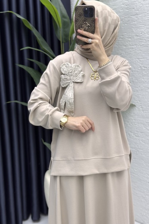 Simla Etekli Takım Tesettür Giyim  Taş Rengi