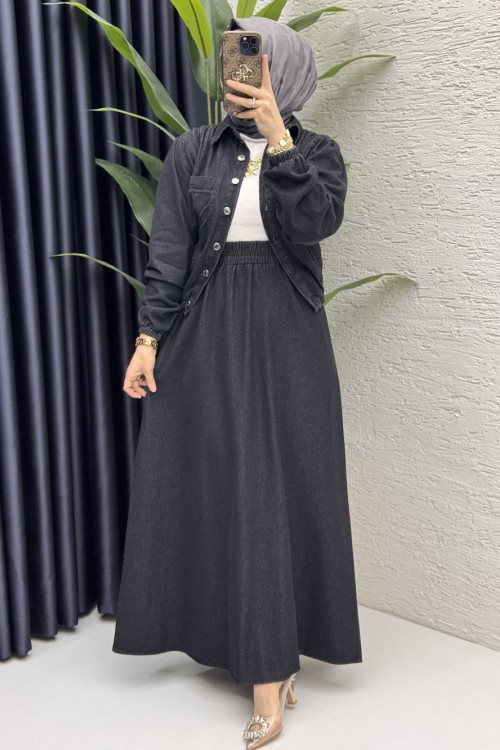 Yasemen Kot Etekli Takım Tesettür Giyim  Siyah