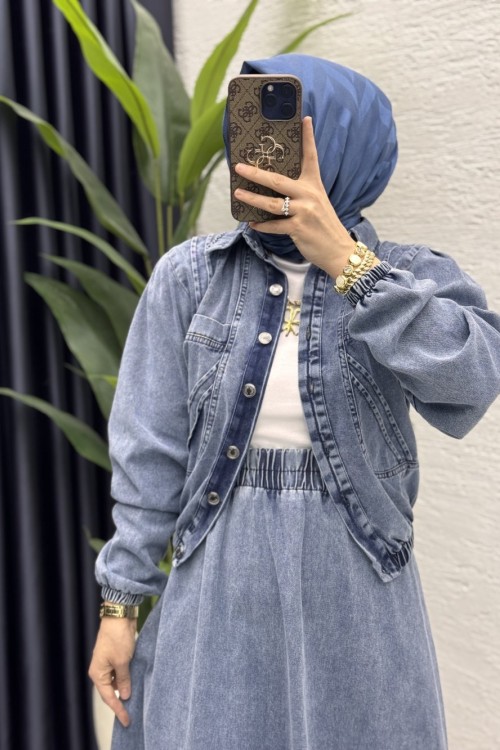 Yasemen Kot Etekli Takım Tesettür Giyim  Açık Mavi