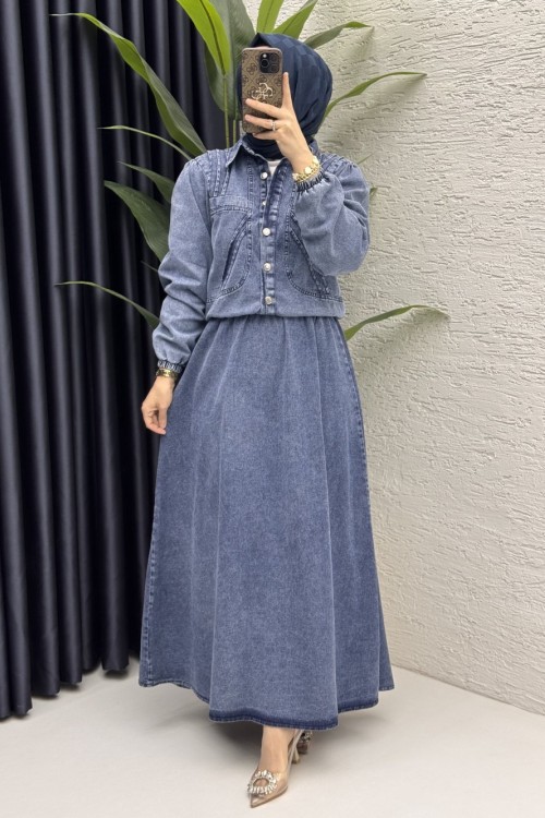 Yasemen Kot Etekli Takım Tesettür Giyim  Koyu Mavi