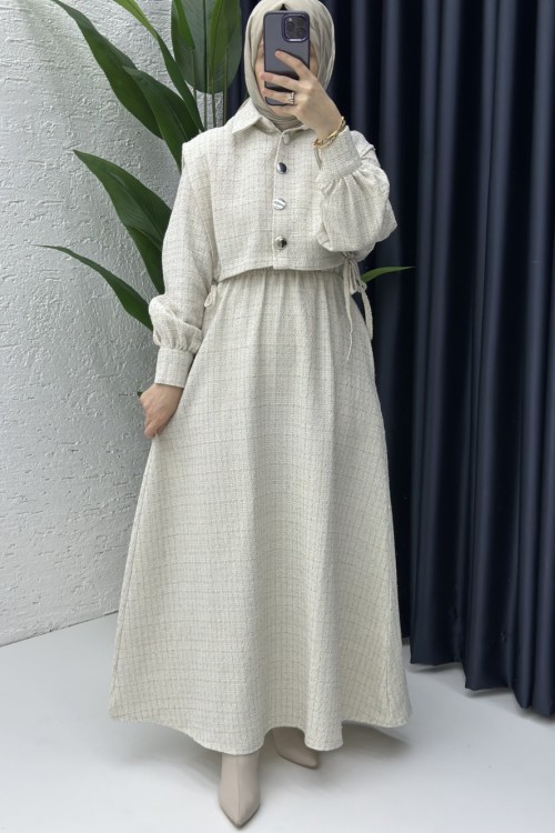 Yelekli Pırıl Elbise Taş Rengi