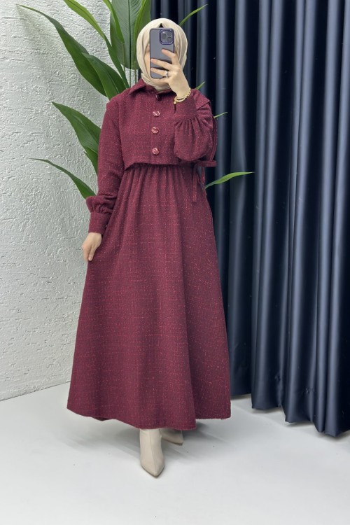 Yelekli Pırıl Elbise Bordo