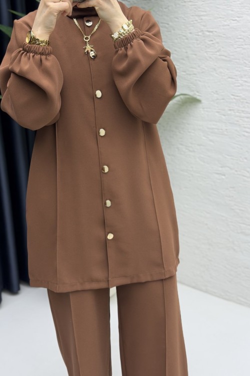 Zennup Pantalonlu Takım Tesettür Giyim Kahve