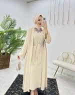 Krem Neva Abaya Takım Tesettür Giyim Krem