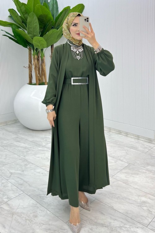 Haki Premium Silva Tulumlu Abaya Takım Tesettür Giyim Haki