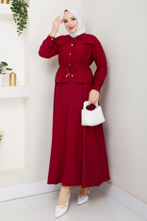 Bordo Moda Etek Takım Tesettür Giyim Bordo