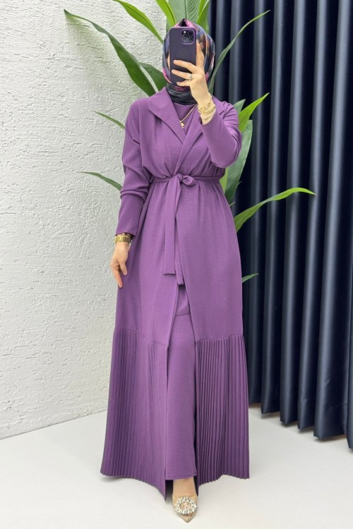 Mürdüm Premium Üçlü Helena Takım Tesettür Giyim Mürdüm