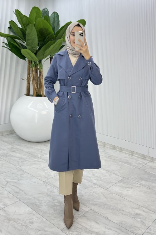İndigo Premium Astarlı Eylem Trench Tesettür Giyim  Mavi