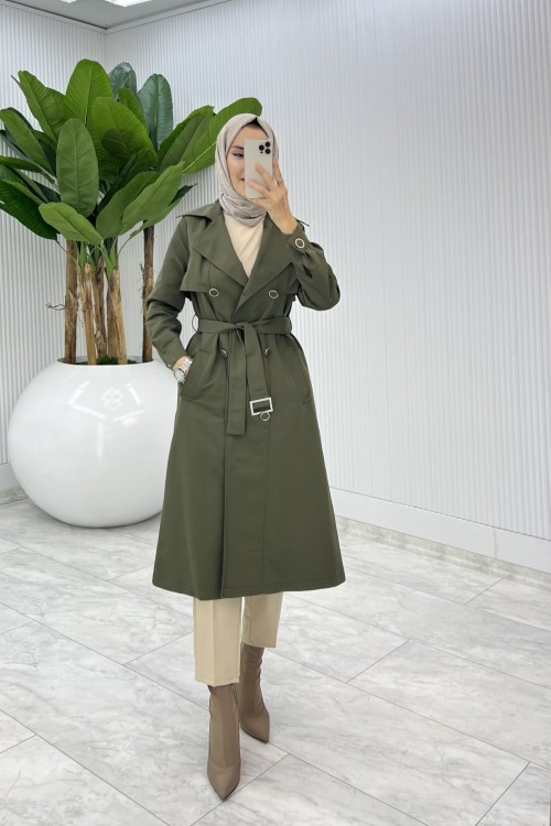 Haki Premium Astarlı Eylem Trench Tesettür Giyim  Haki