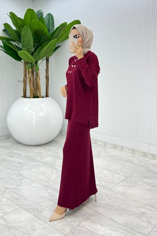 Bordo Premium Asiye Triko Etek Takım  Bordo