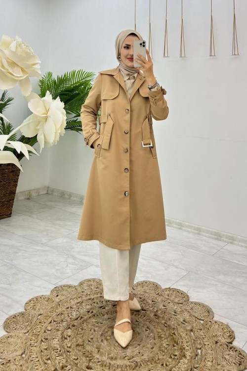 Camel Buğlem Trench Tesettür Giyim  Camel