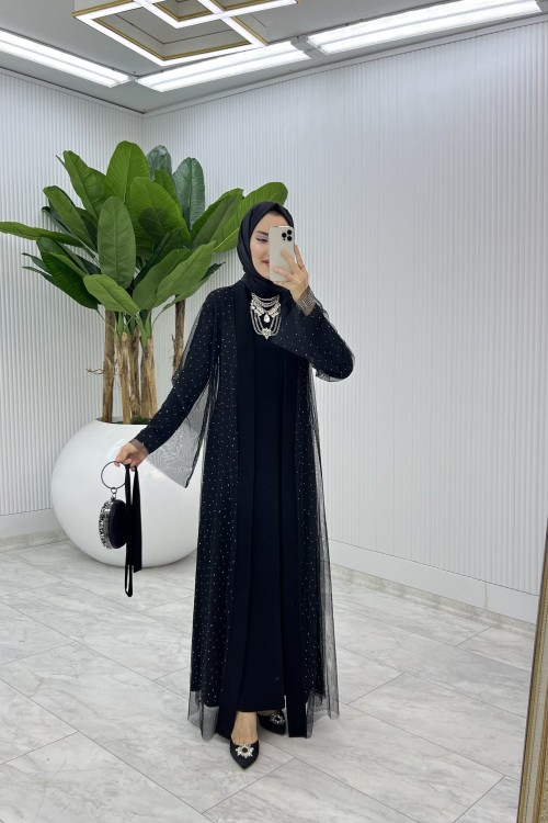 Taşlı Abaya Takım Tesettür Giyim  Siyah