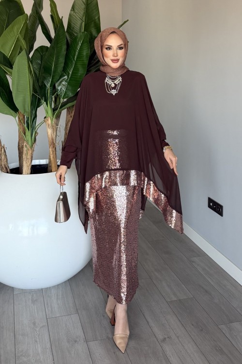 Kahve Premium Fatma Payetli Etek Takım Tesettür Giyim  Kahverengi