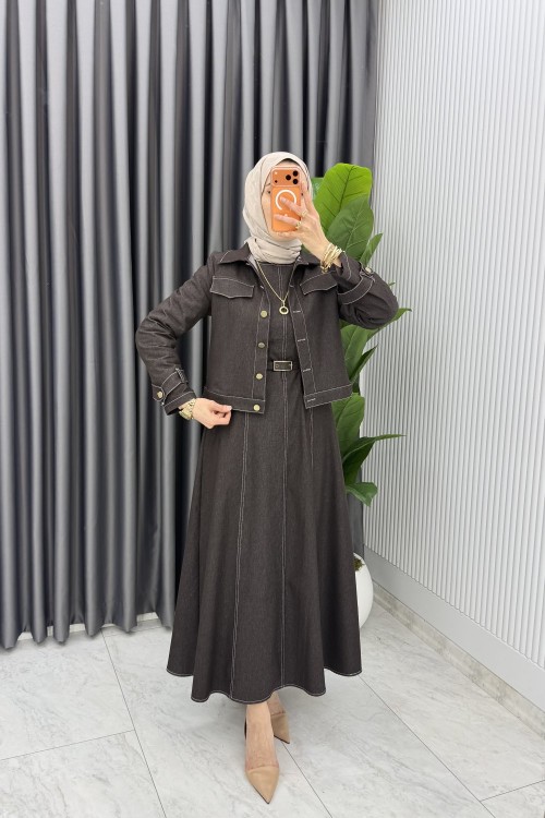Kahve Premium Eda Kot Jile Ceket Takım Tesettür Giyim Kahverengi