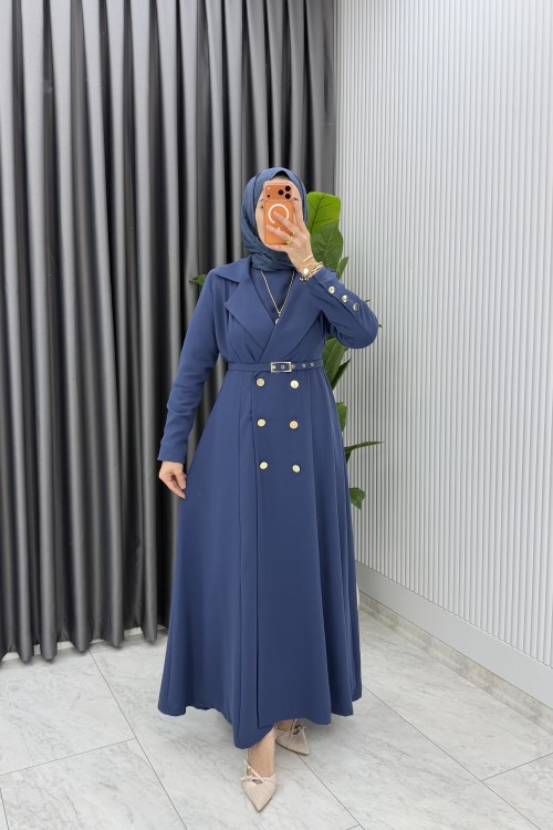İndigo Premium Naz Jile Ferace Takım Tesettür Giyim Mavi