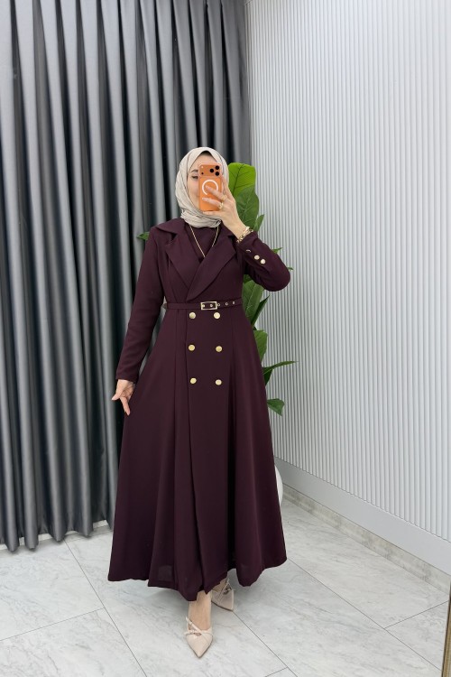 Mürdüm Premium Naz Jile Ferace Takım Tesettür Giyim Mürdüm