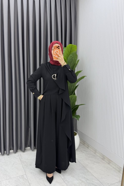 Siyah Premium Ahsen Pantolonlu Takım Tesettür Giyim Siyah