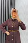 Mürdüm Kemerli Eslem Kot Elbise Tesettür Giyim Mürdüm