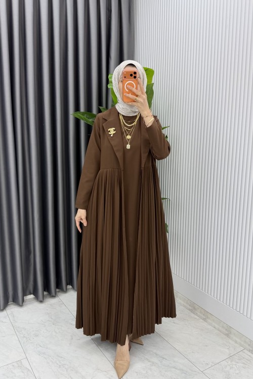 Kahve Broşlu Premıum Sibel Tasarım Takım Tesettür Giyim  Kahverengi