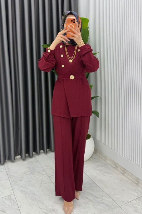 Bordo Premium Kemerli Gözde Takım Tesettür Giyim Bordo