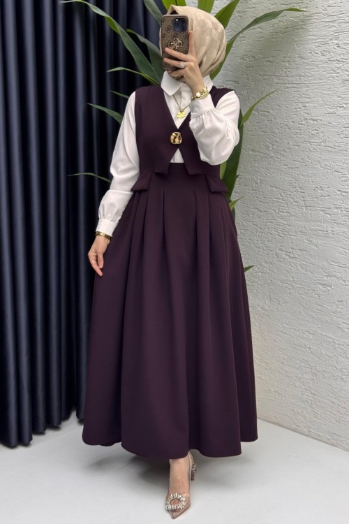 Mürdüm Ayperi Jile Ve İçindeki Gömlek İle Birlikte Takım Tesettür Giyim  Mürdüm