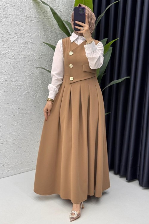 Karamel  Afitap Jile Ve Gömlek Takım Tesettür Giyim Camel