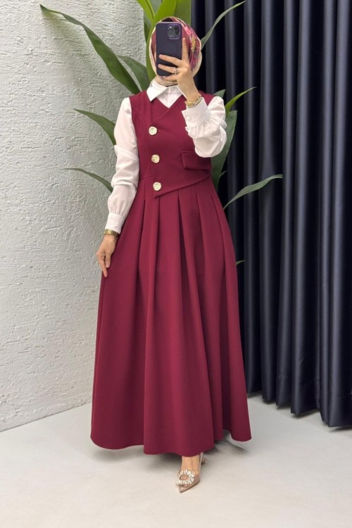 Bordo  Afitap Jile Ve Gömlek Takım Tesettür Giyim Bordo