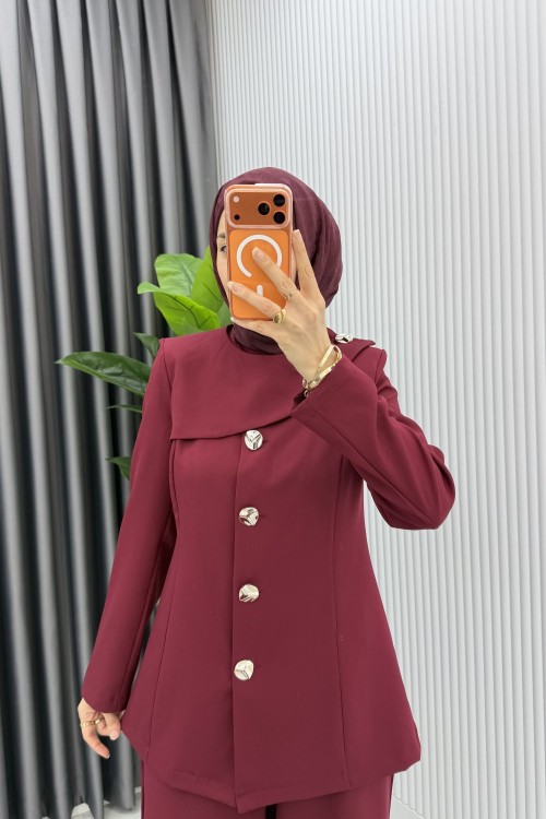 Bordo  Ebrar Ceket Takım Tesettür Giyim  Bordo