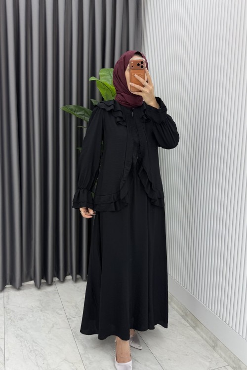 Siyah Mehtap Etek Takım Tesettür Giyim Çilek Kumaş Siyah