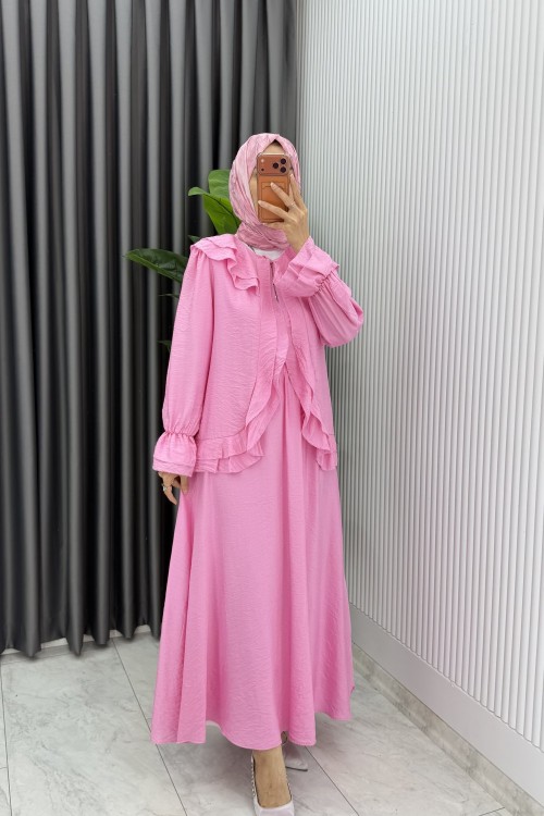 Pembe Mehtap Etek Takım Tesettür Giyim Çilek Kumaş Pembe