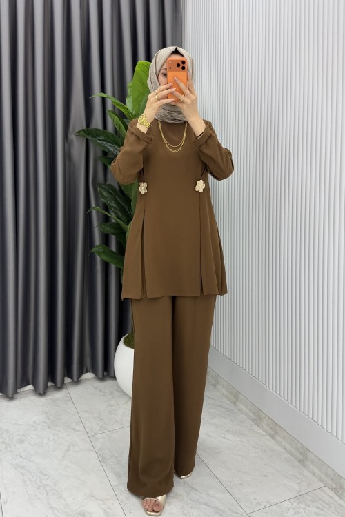 Kahve Kardelen Premium Seri Krep Pantolnlu Takım Tesettür Giyim Kahverengi