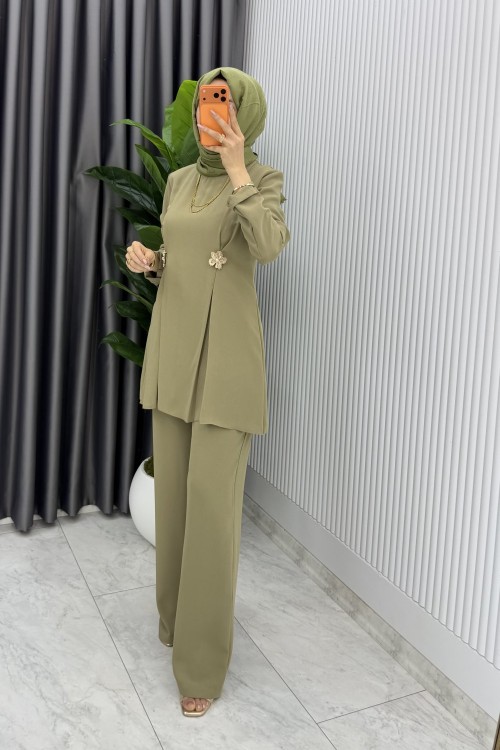 Haki Kardelen Premium Seri Krep Pantolnlu Takım Tesettür Giyim Haki
