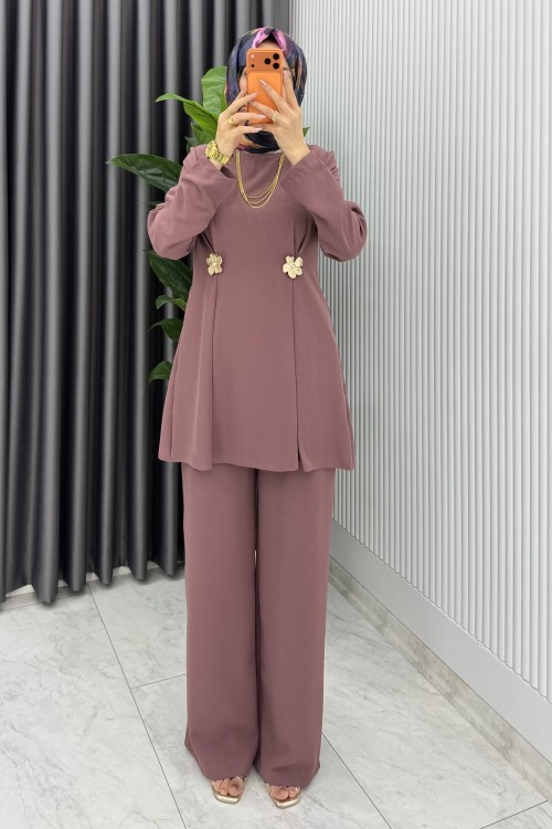 Gül Kardelen Premium Seri Krep Pantolnlu Takım Tesettür Giyim Gül
