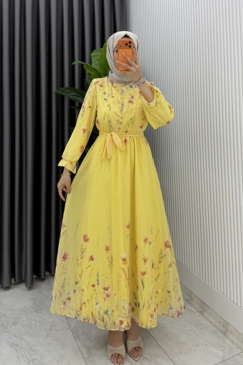 Sarı Gena Desenli Astarlı Çiçek Baskılı Tesettür Elbise  Sarı