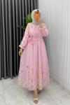 Pembe Gena Desenli Astarlı Çiçek Baskılı Tesettür Elbise  Pembe