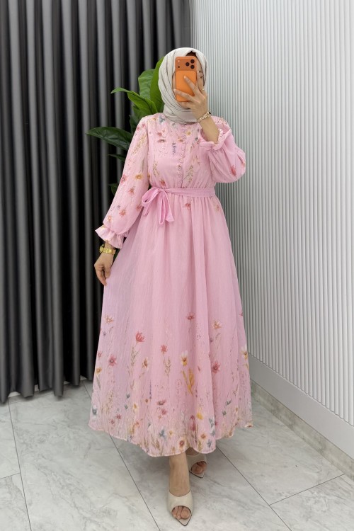 Pembe Gena Desenli Astarlı Çiçek Baskılı Tesettür Elbise  Pembe