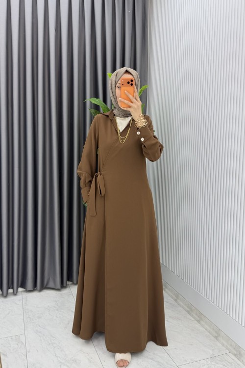Kahve Eflal Bağlamalı Ferace  Premium Seri Tesettür Giyim  Kahverengi