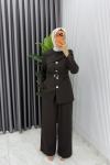 Kahve Zerya Ceket Takım Premium Seri Kemerli Tesettür Giyim Double Krep Plazzo Uzun Pantolon Acı Kahve