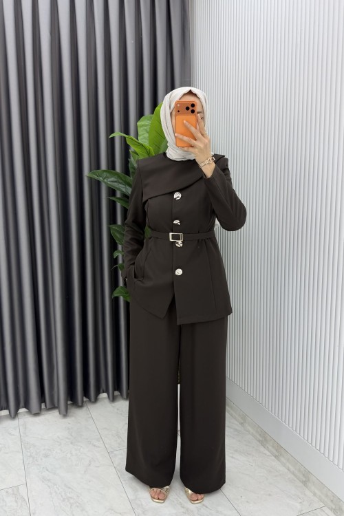 Kahve Zerya Ceket Takım Premium Seri Kemerli Tesettür Giyim Double Krep Plazzo Uzun Pantolon Acı Kahve
