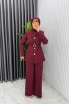 Bordo Zerya Ceket Takım Premium Seri Kemerli Tesettür Giyim Double Krep Plazzo Uzun Pantolon Bordo