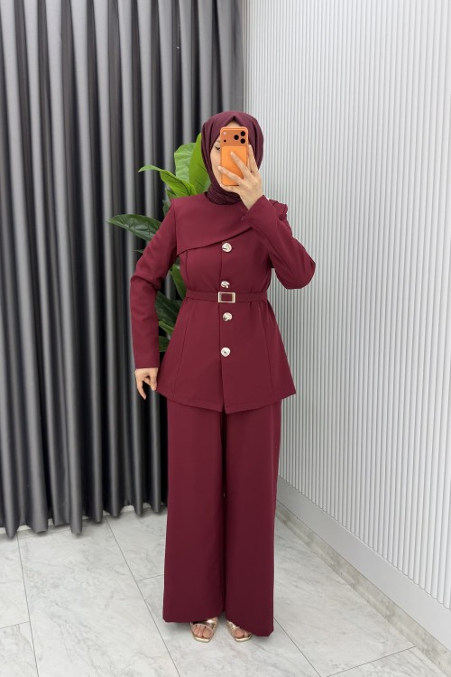 Bordo Zerya Ceket Takım Premium Seri Kemerli Tesettür Giyim Double Krep Plazzo Uzun Pantolon Bordo