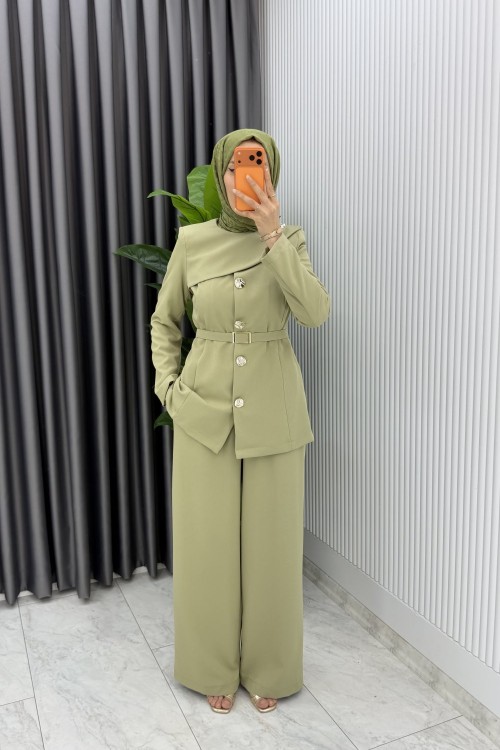 Haki Zerya Ceket Takım Premium Seri Kemerli Tesettür Giyim Double Krep Plazzo Uzun Pantolon Haki
