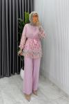 Pembe Çiçek Takım Kuşaklı Özel Seri Tam Boy Pantolon Tesettür Giyim  Pembe
