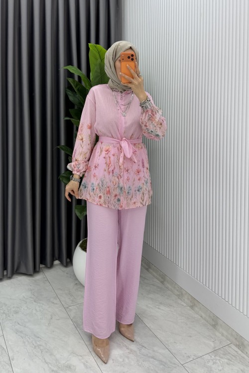 Pembe Çiçek Takım Kuşaklı Özel Seri Tam Boy Pantolon Tesettür Giyim  Pembe