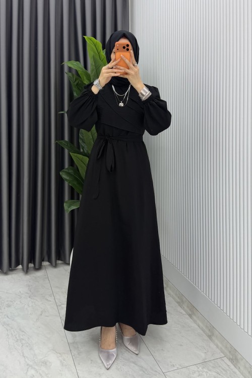 Siyah Emel Elbise Premium Seri Kuşaklı Tam Boy Tesettür Giyim Siyah