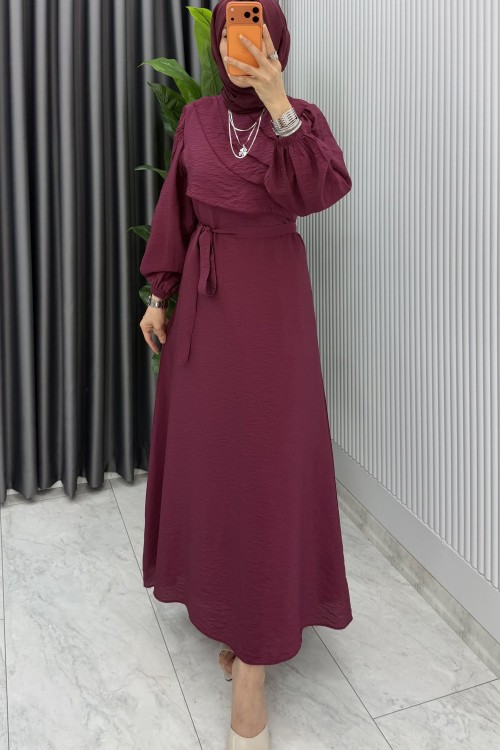 Bordo Emel Elbise Premium Seri Kuşaklı Tam Boy Tesettür Giyim Bordo