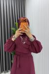 Bordo Emel Elbise Premium Seri Kuşaklı Tam Boy Tesettür Giyim Bordo