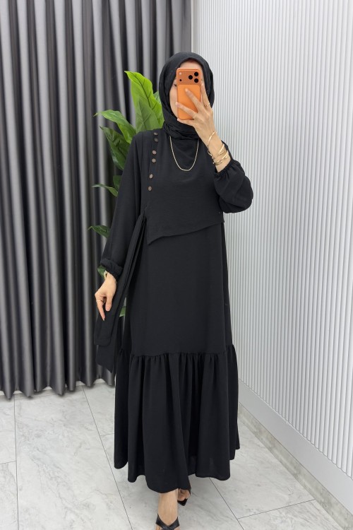 Siyah Ceyşan Elbise Premium Seri Tam Boy Tesettür Giyim Siyah